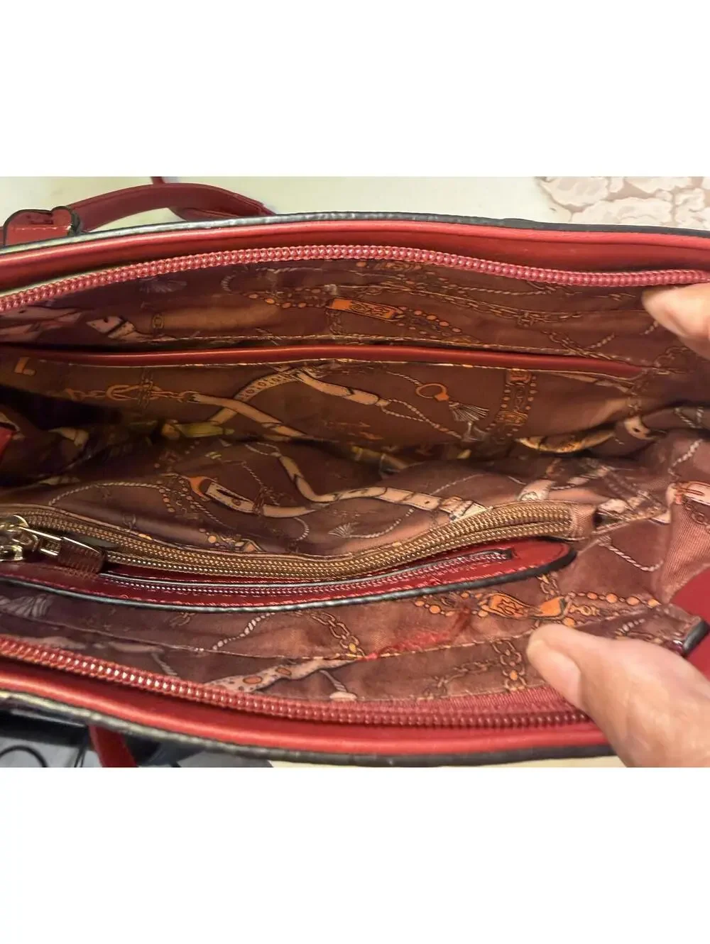 PURSE Red Faux Leather Tote Bag with Gold Accents